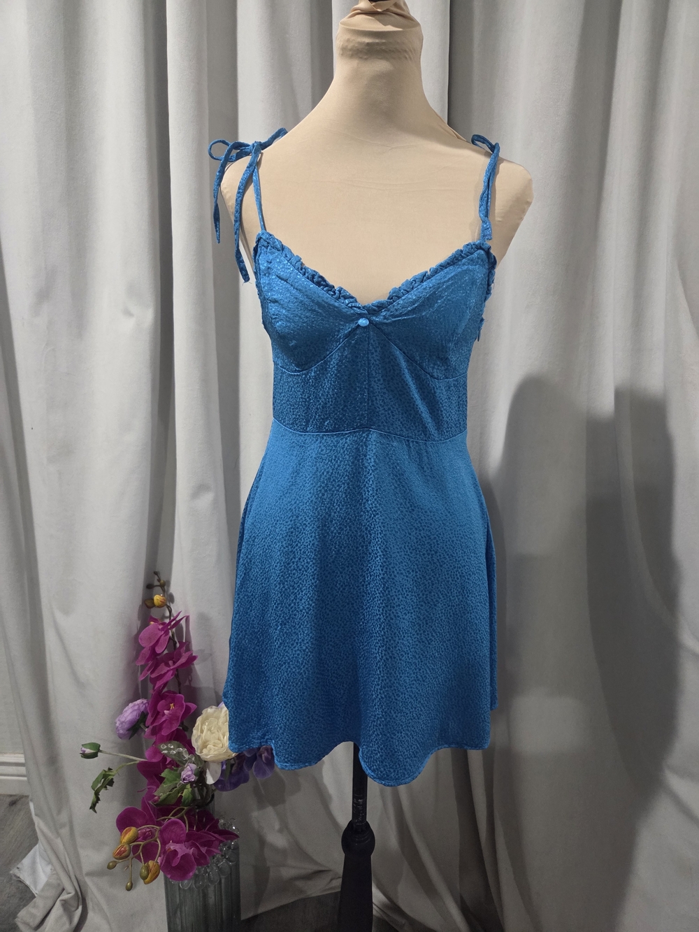 Zara Bright Blue Tie-Strap Mini Dress with Ruffle Trim